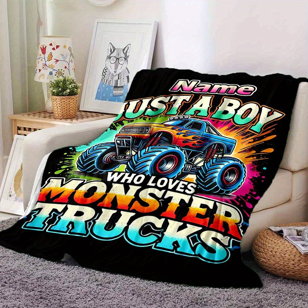 Personalized Monster Truck Throw Blanket - Custom Name