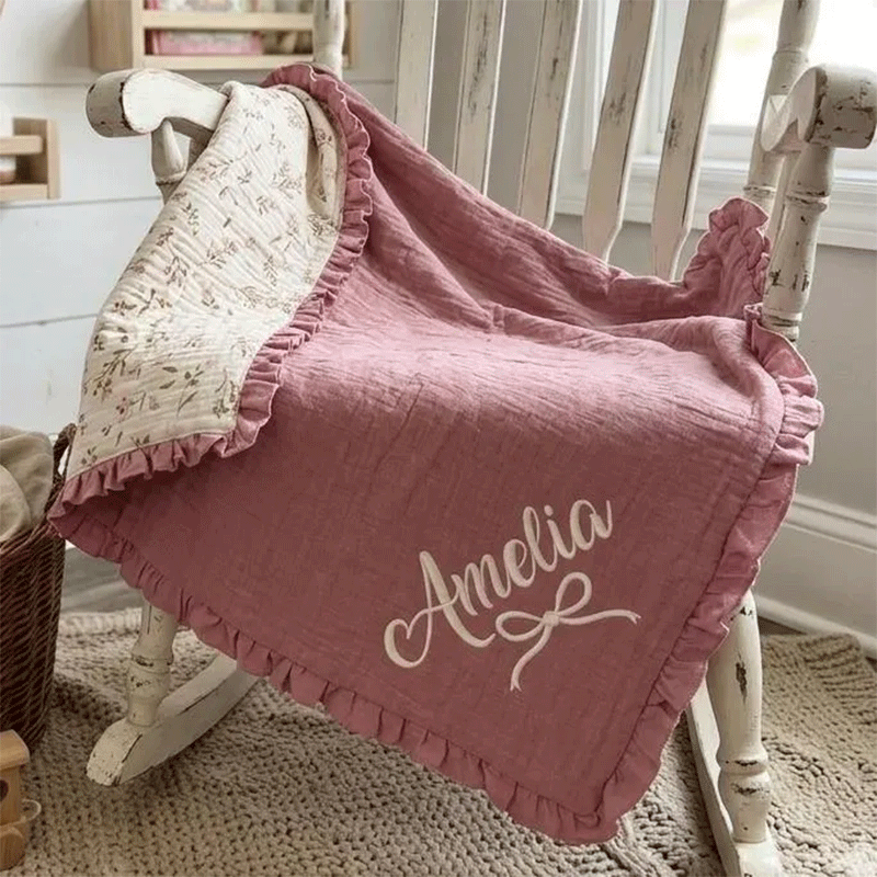 Personalized Muslin Baby Blanket with Name, Custom Embroidered Baby Swaddle