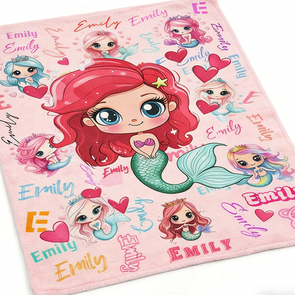 Personalized Mermaid Cartoon Blanket with Custom Name