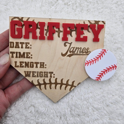 Baseball birth announcement sign newborn name sign baseball home plate birth stat hospital name sign