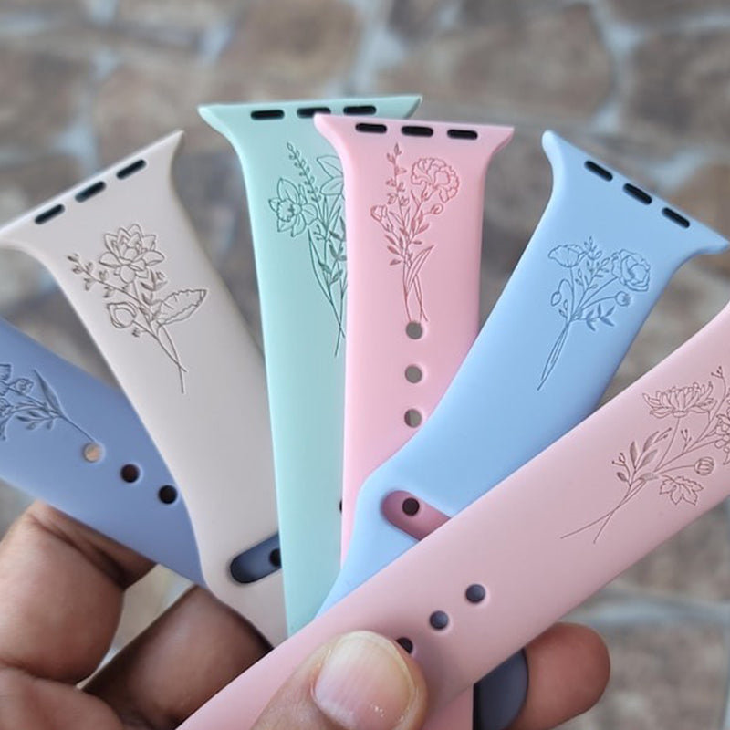 Birthday Flower, Birth Month Floral Wildflower Silicone Band Laser Engraved