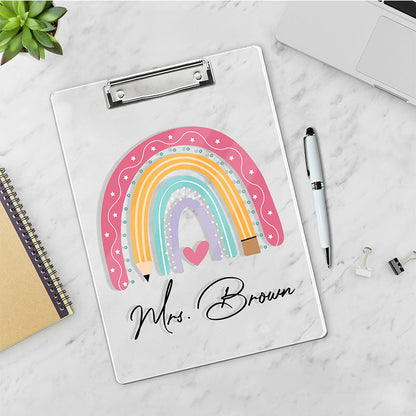 Personalized Back To School Teacher Gifts, Custom Rainbow Clipboard With Teacher Name