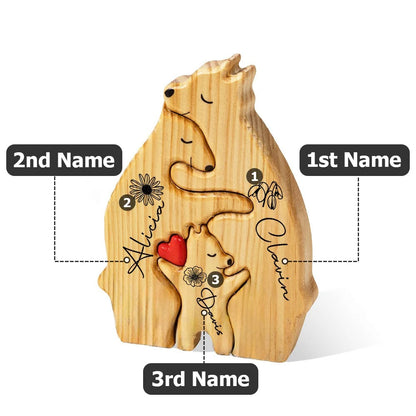 Personalized Red Heart Birth Flower Wooden Hug Bear Family Puzzle