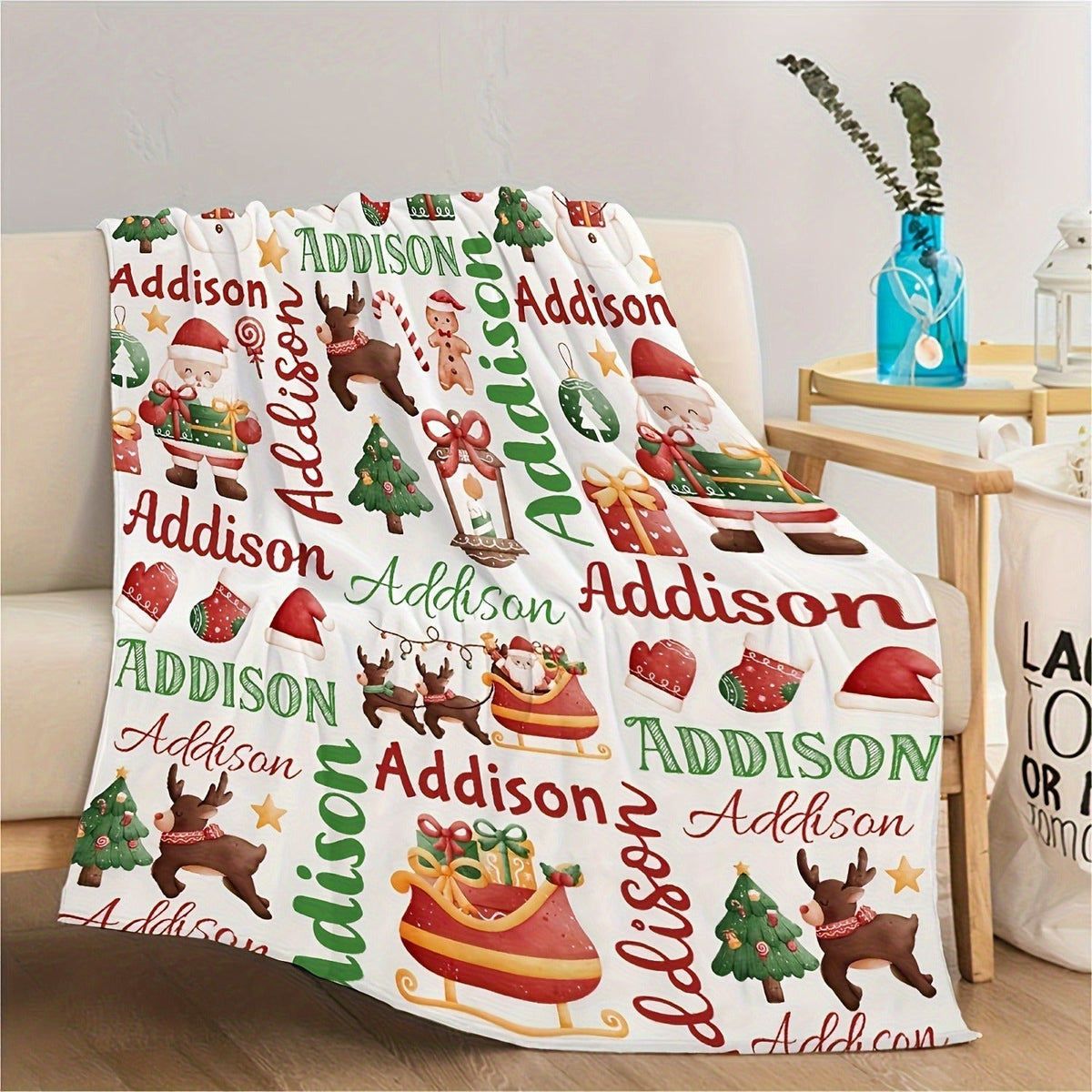 Christmas Santa and Reindeer Flannel Blanket - Personalized Name Lightweight Fleece Throw