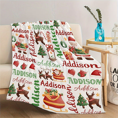 Christmas Santa and Reindeer Flannel Blanket - Personalized Name Lightweight Fleece Throw