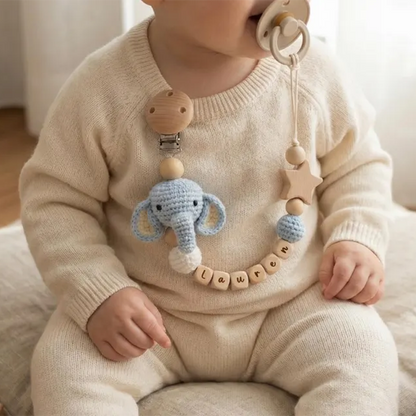 Personalized Crochet Pacifier Clip, Neutral Boho Pacifier Holder, Custom Name Baby Accessory