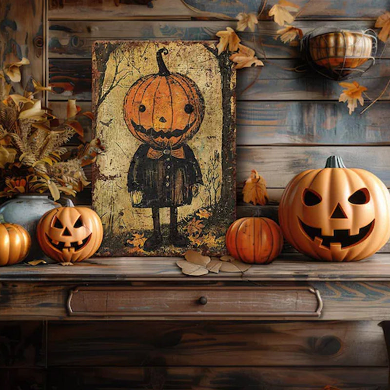 Primitive Pumpkinhead Halloween Decor Metal Art Sign Mantle Decoration