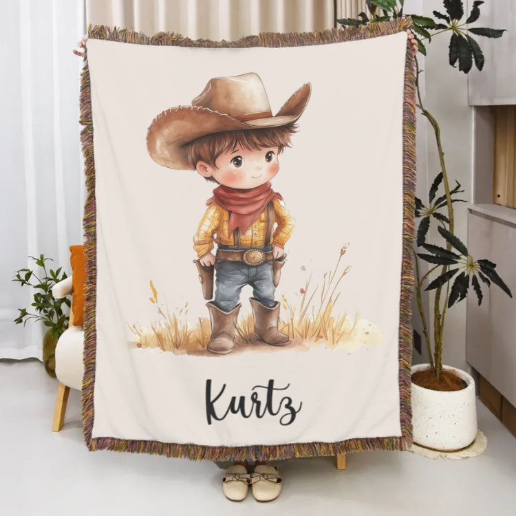 Personalized Cartoon Cowboy Tassel Blanket with Name