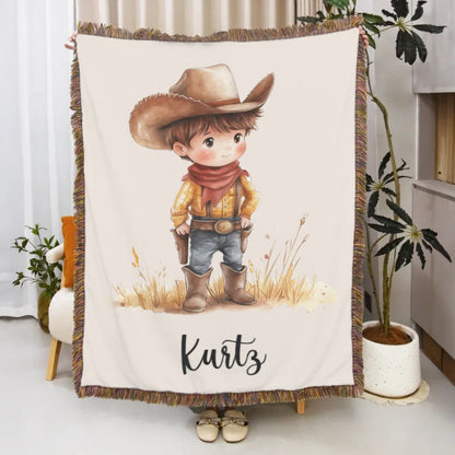 Personalized Cartoon Cowboy Tassel Blanket with Name