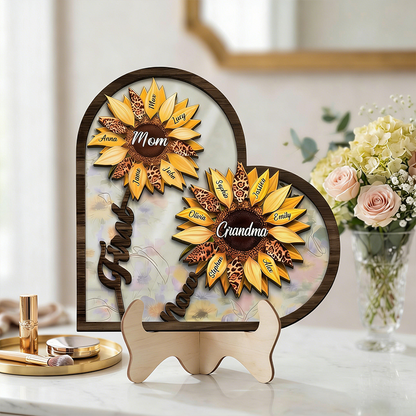 Custom First Mom Now Grandma Sign, Personalized Kid's Name SunFlower Wooden Art