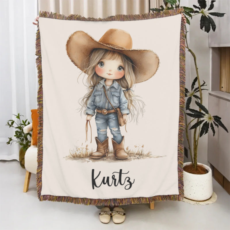 Personalized Cartoon Cowboy Tassel Blanket with Name