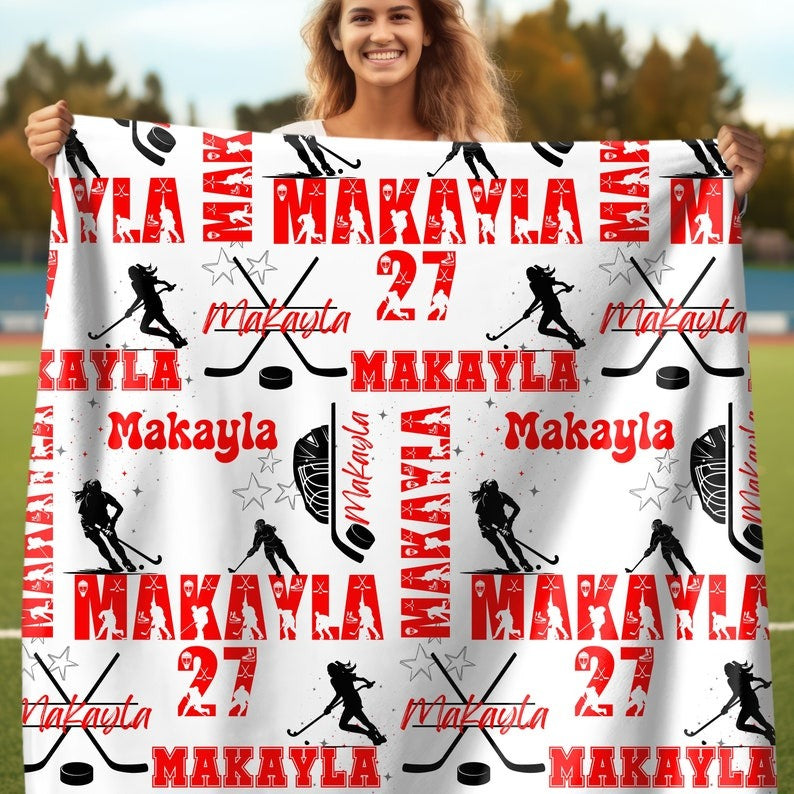 Ice Hockey Girl Personalized Blanket, Custom Name Hockey Throw