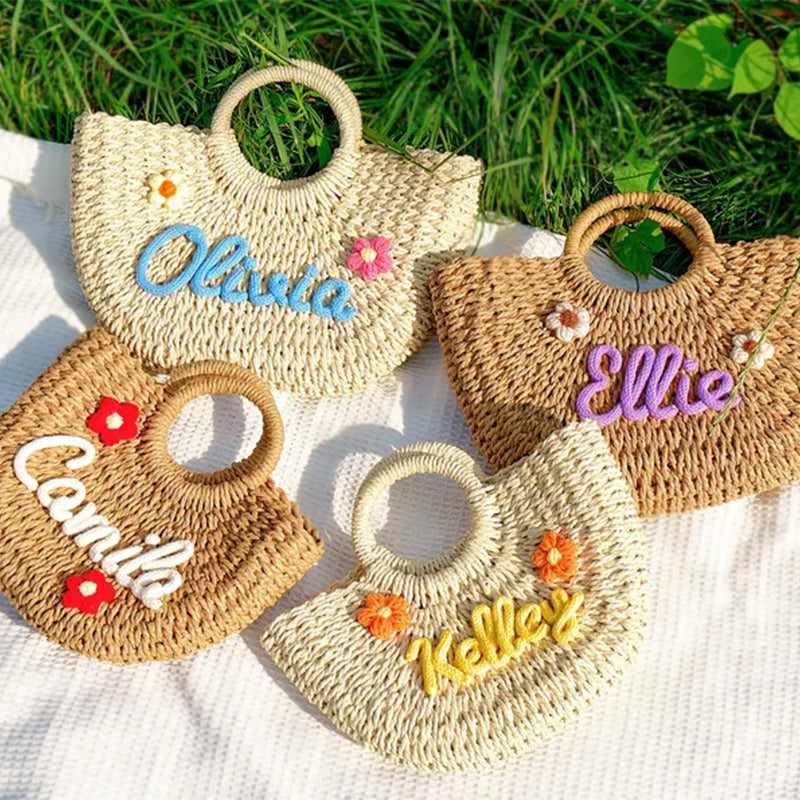 Custom Straw Beach Bag, Bridesmaid Beach Bag Flower Girl Basket