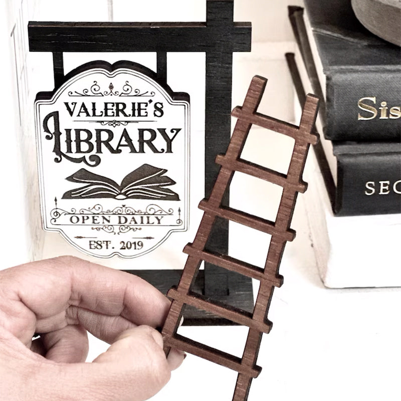 Personalized Library Sign, Mini wooden Signpost with ladder Library Decor
