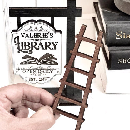 Personalized Library Sign, Mini wooden Signpost with ladder Library Decor
