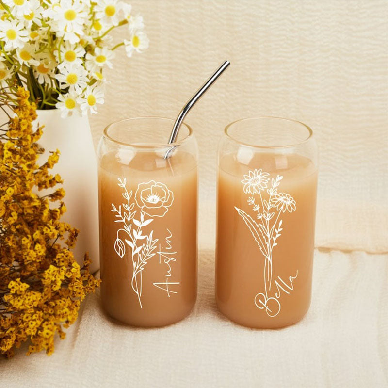 Custom Name Cup With Birth Flower,Birth Month Iced Coffee Cup
