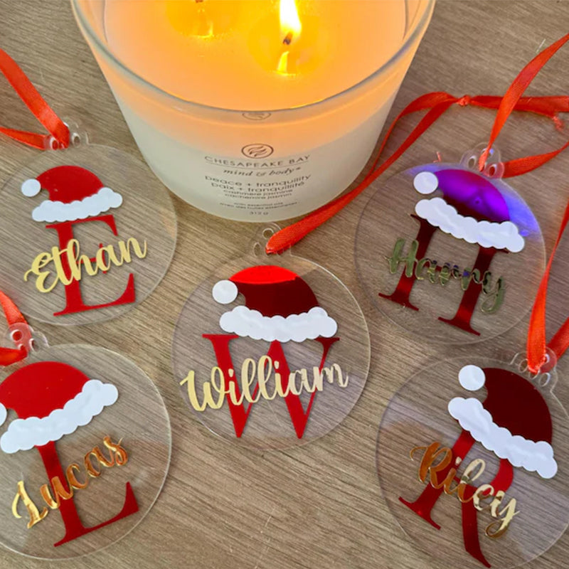 Personalised clear Christmas baubles |names|santa|gifts|