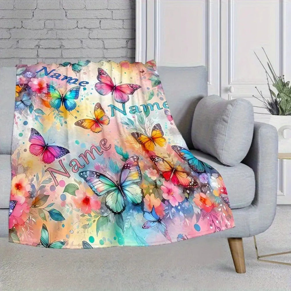 Personalized Butterfly & Floral Flannel Blanket