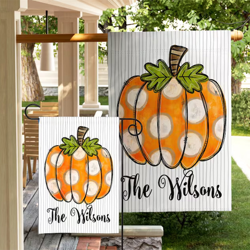 Halloween Garden Flag Outdoor Display Family Name Custom Design Watercolor Pumpkin Fall