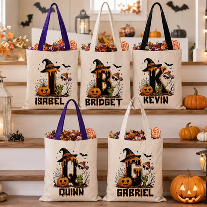 Cute Halloween Ghost bag, Spooky Goodie Bag, Custom Name Halloween Tote Bag