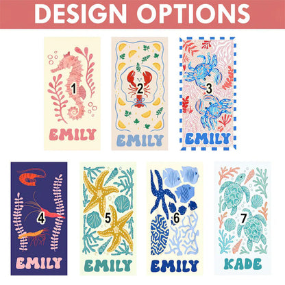 Personalized Retro Beach Towel, Marine Animal Beach Towel, Custom Name Towel