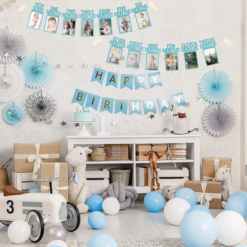 PartyHooman 1st Birthday Photo Banner in for Baby from Newborn to 12 Months