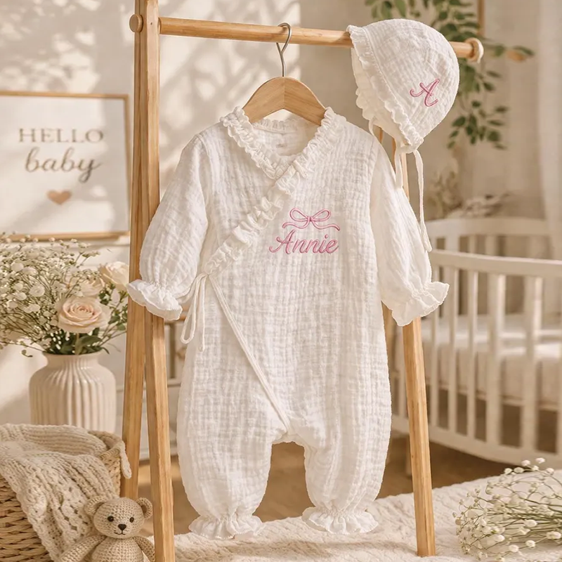 Luxury Personalized Newborn Gift Set, Custom Name Embroidered Muslin Baby Romper,