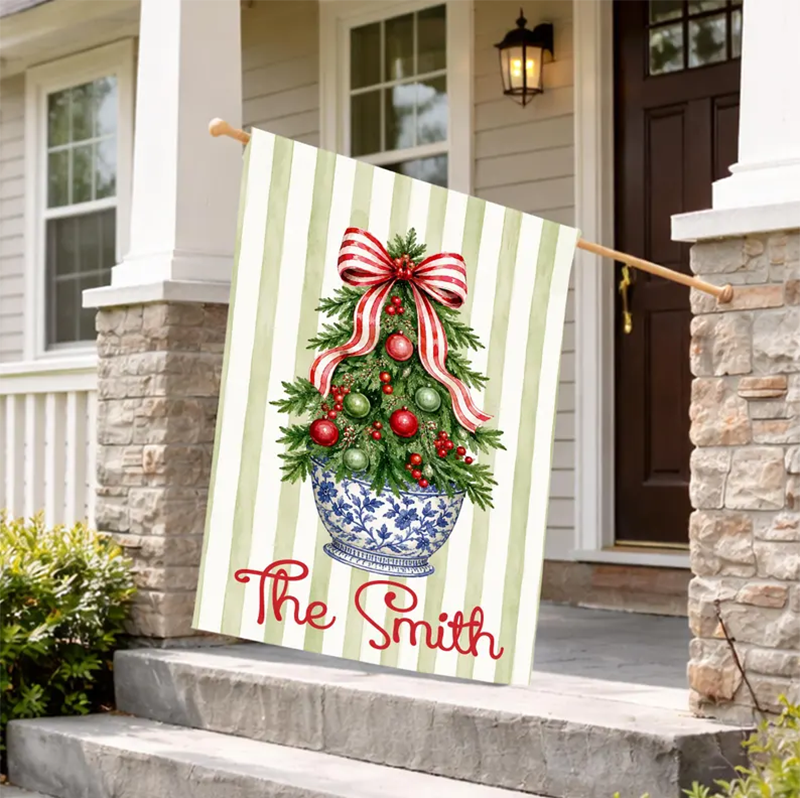 Striped Christmas Tree Flag Personalized Garden Flag Holiday Decor Custom Family Name