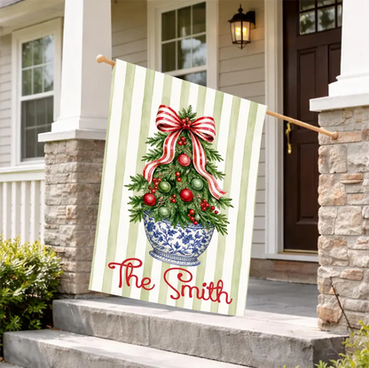 Striped Christmas Tree Flag Personalized Garden Flag Holiday Decor Custom Family Name
