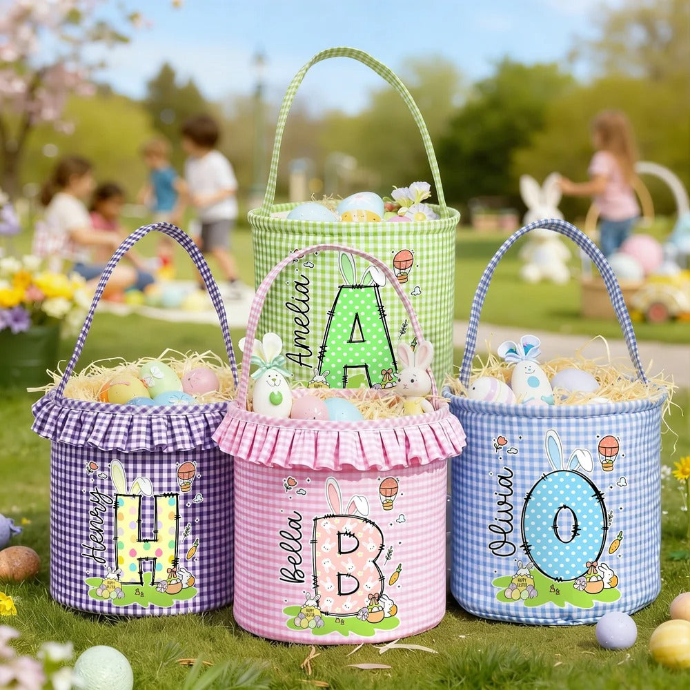 Personalized Cute Bunny Initial Flower Plaid Easter Basket with Name