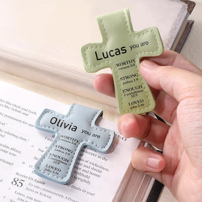 Custom Name Bible Verses Cross Shaped Leather Magnetic Christian Bookmark Clip