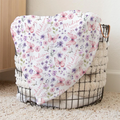 Custom Pink Butterfly Baby Name Blanket