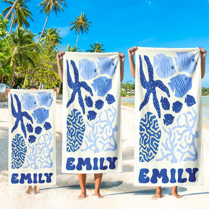 Personalized Retro Beach Towel, Marine Animal Beach Towel, Custom Name Towel