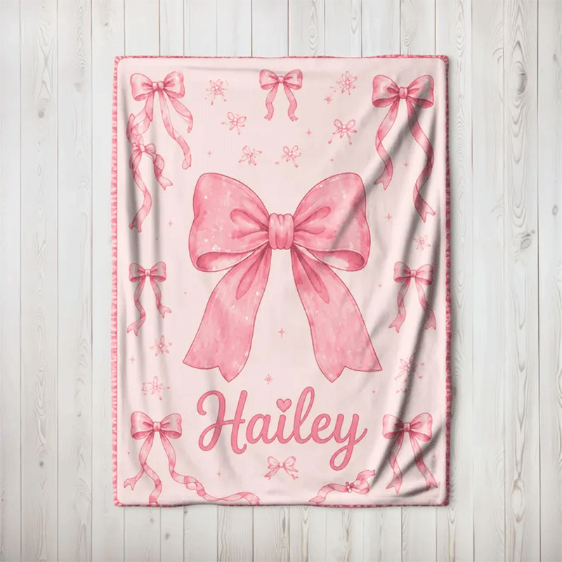 Custom Name Bow Blanket for Girls, Pink Coquette Blanket, girly Blanket