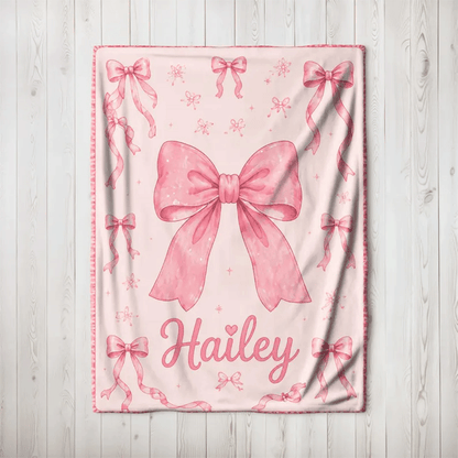 Custom Name Bow Blanket for Girls, Pink Coquette Blanket, girly Blanket