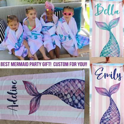 Mermaid Personalized Beach Towel, Mermaid Party Favors, Custom Beach Towel, Mermaid Birthday Gift For Kids, Pool Bachelorette Trip