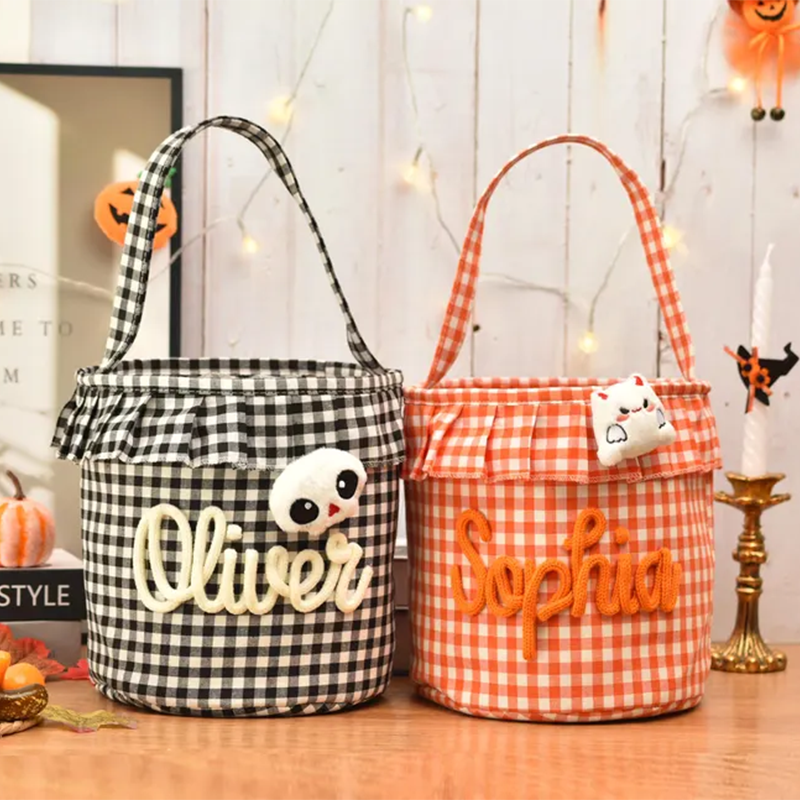 Halloween Basket Ruffle Personalized,Plaid Trick or Treat Bag with Custom Name