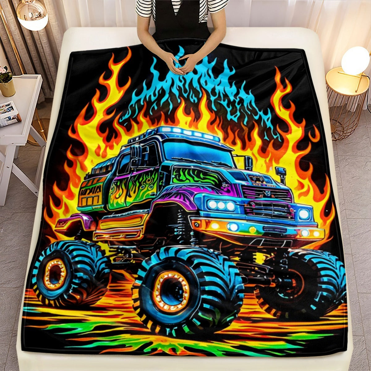 Truck Flame Neon Glow-in-the-Dark Printed Flannel Blanket