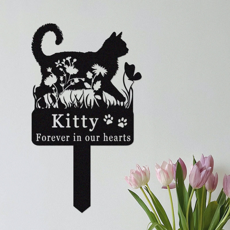 Custom Cat Memorial Stake,Cat Grave Marker,Metal Cat Garden Stake with Flowers