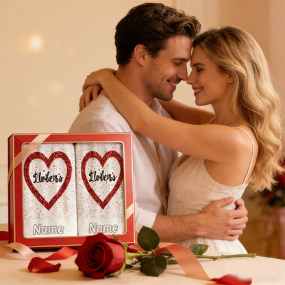 2pcs Personalized Red & White Glitter Heart-Shaped Towels with Custom Name