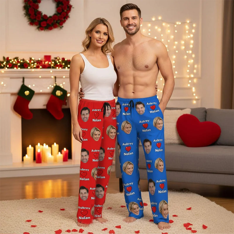 Personalized Heart Couples Portrait Photos Long Pajama Pants