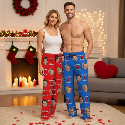 Personalized Heart Couples Portrait Photos Long Pajama Pants
