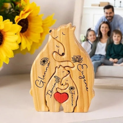 Personalized Red Heart Birth Flower Wooden Hug Bear Family Puzzle