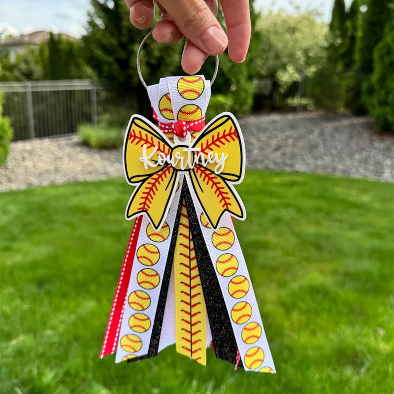 Softball Bow Bag Tag with Ribbon Tassel | Gym Bag Accessory | Personalized Acrylic Tag