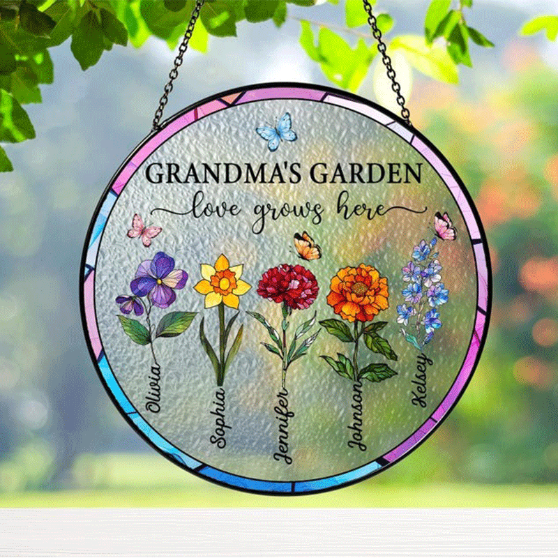 Suncatchers Stained Glass Flower, Personalized Grandma's Garden Suncatcher