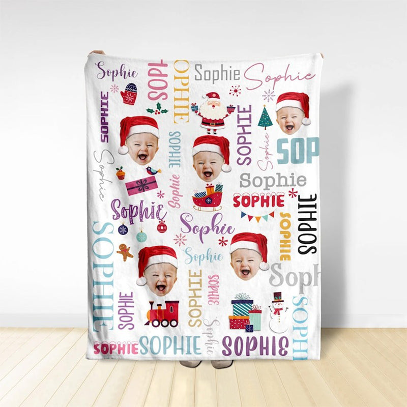 Personalized Photo Christmas Blanket With Name, Custom Name Blanket For Baby