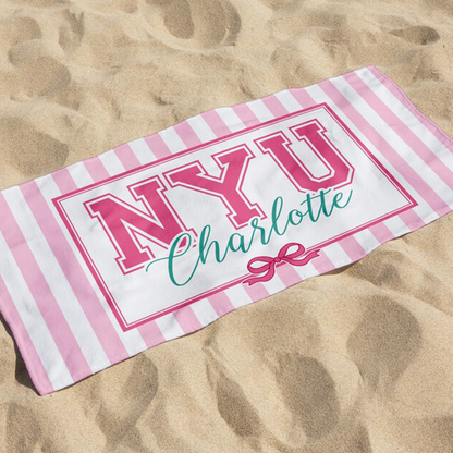 Personalized School Striped Beach Towel with Bow: College University Pride Spirit Gift,