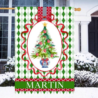 Personalized Chinoiserie Christmas Tree Garden Flag: Argyle Holiday House Flag Outdoor Decor