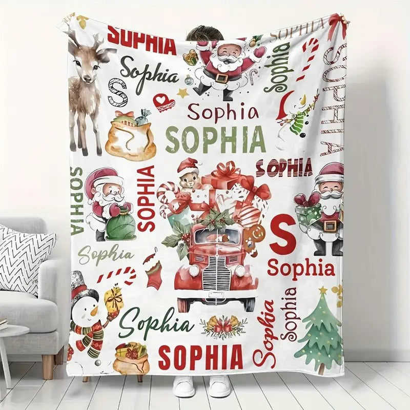 Personalized Christmas Santa Reindeer Custom Name Blanket