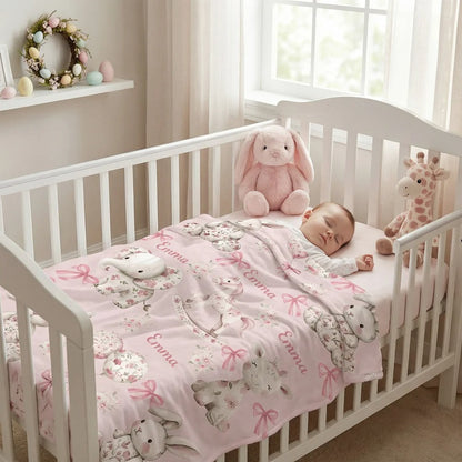 Personalized Floral Bunny Elephant Ponny Pink Soft Throw Blanket
